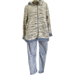 Dames fleece huispak/pyjama met zakken rits en capuchon L/XL 38-40 blauw wit