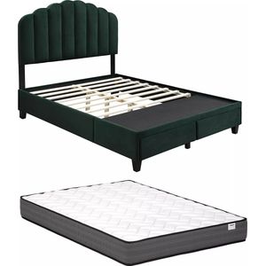 Vente-unique Bed 140 x 190 cm met lades - Velours - Spargroen + matras - ILISIO L 145 cm x H 148 cm x D 192 cm