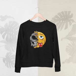Feel Free - Halloween Sweater - Smiley: Geconfronteerd met ongelijke ogen en golvende mond - Maat S - Kleur Zwart