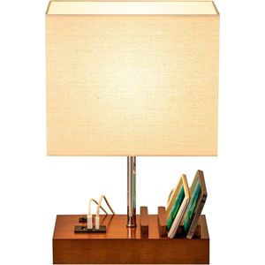 Tafellamp met 3 USB A+C-poorten, 3 telefoonhouders, modern USB-nachtlampje voor slaapkamer, woonkamer, kantoor, bedlampje met walnoothouten basis en lampenkap van walnoothout [Energieklasse E]