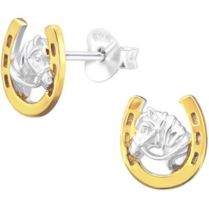Joy|S - Zilveren paard hoefijzer oorbellen - 7.5 x 8 mm - zilver paardenhoofd en gold plated goudkleur hoefijzer