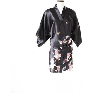 TA-HWA - Dames Kimono Kort- met Kraanvogels - Zwart - Maat S