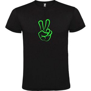 Zwart  T shirt met  ""Peace  / Vrede teken"" print Neon Groen size L