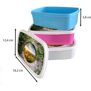 Broodtrommel Roze - Lunchbox - Brooddoos - Zonnebloemen - Doorkijk - Bloemen - Zon - 18x12x6 cm - Kinderen - Meisje