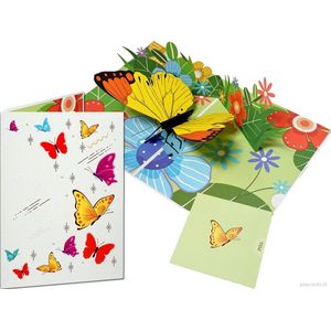 Popcards popupkaarten –Vlinder Geel-Oranjetipje Bloemen Vrijheid Felicitatie Verjaardag pop-up kaart 3D wenskaart