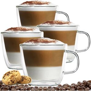 Luxe Latte Macchiato Glazen Met Oor - Dubbelwandige Koffieglazen - Cappuccino Glazen - 420 ML - 4x