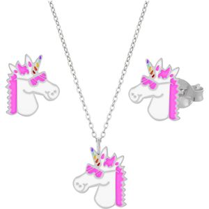 Cadeau set meisje  | Zilveren oorbellen | Set van zilveren ketting en oorstekers, eenhoornhoofd met roze manen en zonnebril