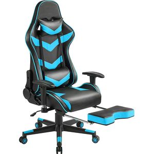 Gamingstoel, racestoel, ergonomische draaistoel, in hoogte verstelbaar, pc-stoel met voetensteun, hoge rugleuning met verstelbare armleuningen, neonblauw