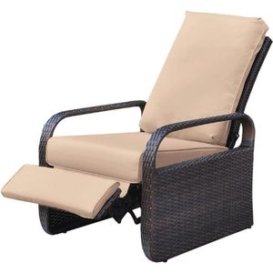 Auteuil Met Handgeweven Rieten Tuin Liggende Verstelbare Positie Hoogte Lounge Fauteuil Met Afneembaar 5-12 Inch Dikte Gewatteerd Kussen-Aluminium Frame (Bruin Rieten + Kaki Kleur)