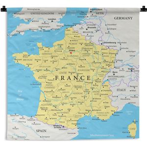 Wandkleed Kaart Frankrijk - Kaart van Frankrijk Wandkleed katoen 150x150 cm - Wandtapijt met foto