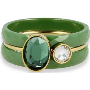 My Bendel - Set van groen keramiek met groene zirkonia en kristallen - Mooie ringenset van twee ringen van groene keramiek met een goudkleurige groen witte zirkonia ring - Met luxe cadeauverpakking