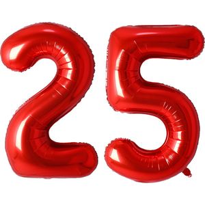 Folie Ballon Cijfer 25 Jaar Rood Verjaardag Versiering Cijfer ballonnen Feest versiering Met Rietje - 36Cm