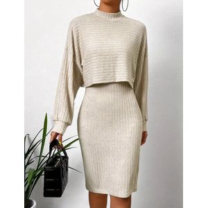 2 delige sexy elegante grijze fijne stretch geribbelde trui met rok beige maat XXL