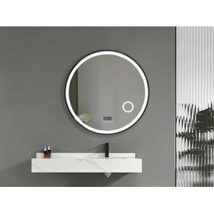 Mawialux LED Badkamerspiegel - 90cm - Rond - Mat zwarte rand - Make up vergroting spiegel - Verwarming - Digitale klok - Bluetooth - Josh