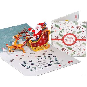 Popcards popup kerstkaarten - Kerstkaart Kerstman met Rendier en Arrenslee pop-up kaart 3D wenskaart