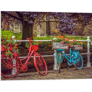 WallClassics - PVC Schuimplaat - Rode en blauwe Fiets met Bloemen bij wit Hek voor de Gracht - 80x60 cm Foto op PVC Schuimplaat (Met Ophangsysteem)