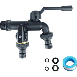 Dubbele waterkraan 3/4 inch tuin, dubbele kraan messing zwart met 2 x 3/4 inch uitgangen, roest- en vorstbestendig, buitenkraan voor irrigatie, wasmachine, wassen van de auto