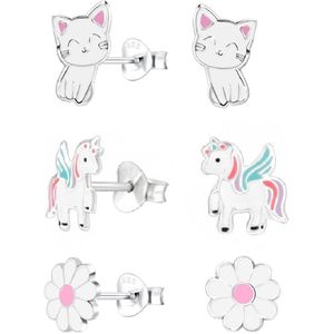 La Rosa Princesa Zilveren Eenhoorn Kinder Oorbellen Meisje Kat & Bloem Set van 3 Paar– 925 Sterling Zilver