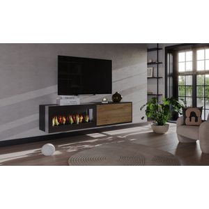 Meubel Square - TV meubel EDGELINE met bio ethanol sfeerhaard - Antraciet / Eiken - 180 cm - Zwevende kast met open haard - Niet elektrisch