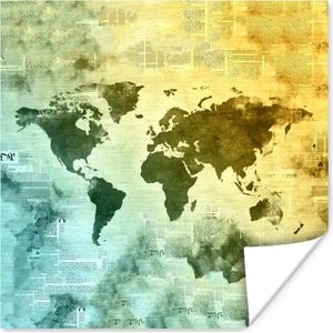 Poster Wereldkaart - Waterverf - Kleuren - 30x30 cm