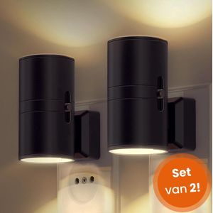 Goliving Nachtlampje Stopcontact - 2 stuks - Stekkerlampen - 10,7 x 9,3 cm - Volwassenen - Boven en Onder Verlichting - Dimbaar - Dag- en Nachtsensor - Stekkerspot - Zwart