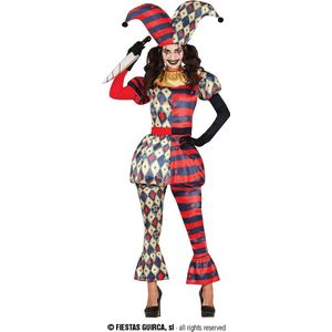 Guirca - Harlequin Kostuum - Diamanten Hailey Queen - Vrouw - Blauw, Rood, Wit / Beige - Maat 38-40 - Halloween - Verkleedkleding