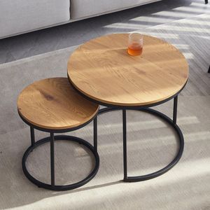 Roxana® Tafel Set Van 2 - Salontafel - Bijzettafel - Hout - Metaal - Rond - 2 Stuks - Woonkamer - Modern - Zwart - Houtskleur