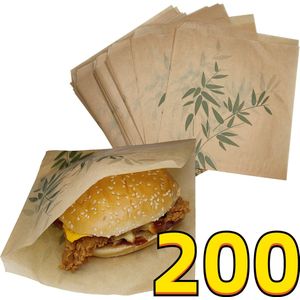 Rainbecom - 200 Stuks - 19 x 17 cm - Hamburger Zakje Papier - Vetvrij Papier - Papieren Zak voor Sandwiches - Bamboe