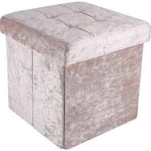 Intirilife Opvouwbaar krukje 30x30x30 cm in fluweel rosé - Zitkubus met opbergruimte en deksel met fluwelen hoes - Zitkubus voetensteun opbergkist zitbank