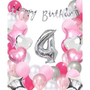 Snoes Ballonnen 4 Jaar Pink Blush Silver Mega Ballon - Compleet Feestpakket 4 Jaar - Verjaardag Versiering Slinger Happy Birthday – Folieballon – Latex Ballonnen - Helium Ballonnen - Zilver en Roze Verjaardag Decoratie