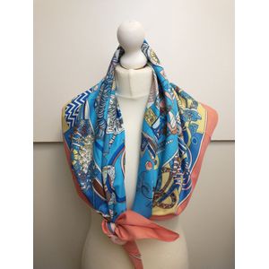 Vierkante dames sjaal Freja fantasiemotief koraal zwart wit geel bruin roze turquoise koningsblauw oranje 90x90