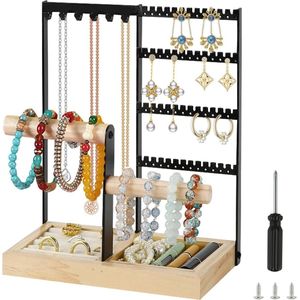 Jewelry Holder - Jewelry Tree with Wooden Tray and 4 Bars for Necklaces, Earrings, and Watches