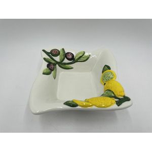 Vierkant schaaltje citroen & olijf 14 x 14 cm wit geel groen aardewerk | ARC04 | Piccobella Italiaans Servies