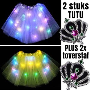 Allernieuwste.nl® 2 STUKS Tutu Kinder Rokje met Gekleurde Lichtjes PLUS 2 STUKS Toverstaf - Kinder Petticoat - 2 Stuks: PAARS + GEEL