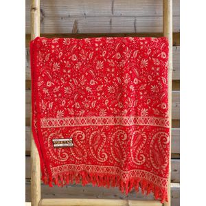 Nepal Omslagdoek Plaid Sjaal Yak Wol/Acryl (200 x 100 cm) Rood/Creme Ideaal voor op de Yoga Mat