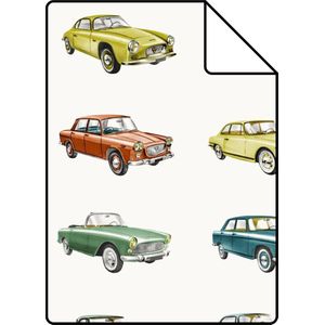Proefstaal ESTAhome behang vintage auto's oranje, okergeel en groen - 138732 - 26,5 x 21 cm