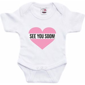 See you soon roze hart gender reveal cadeau tekst baby rompertje wit meisjes - Kraamcadeau - Babykleding 92