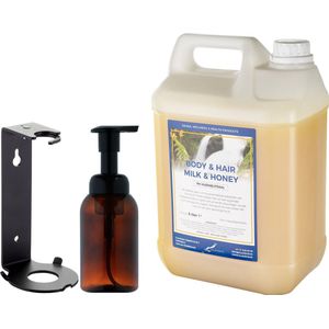 Zeepdispenser 300 ml amber bruin hervulbaar + 5 liter Body & Hair Milk & Honey navulling (inclusief beugel)