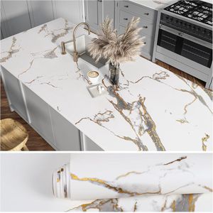Luxe Marmer Effect Behang - Zelfklevend - 40cm x 300cm - Wit en Grijs