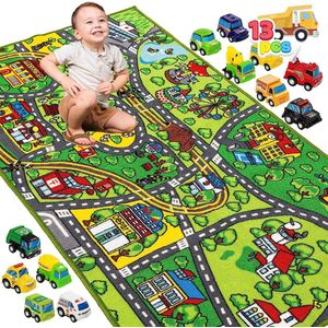 JOYIN Tapijt speelmat w/12 auto's Pull-Back Voertuig Set voor Kinderen Leeftijd 3+, Jumbo Speelkamer Tapijt, City Pretend Play