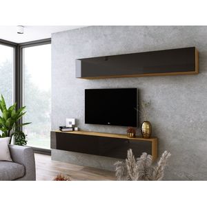 Meubel Square - TV meubel VELA - Eiken / Hoogglans Zwart - 180 cm - Wandmeubel - hangende kast
