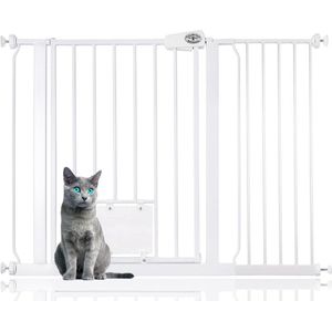 Bettacare Huisdierenhek met Afsluitbare Kattenluik Assortiment, 107.4 cm - 115 cm (11 opties beschikbaar), Wit, 75 cm Hoogte, Extra Hoog Hondenveiligheidshek met Kattenluik, Eenvoudige Installatie
