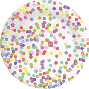 16x Confetti thema feest borden van karton 23 cm - Kinderfeestje/kinderverjaardag - Thema feest - Confetti feestversiering - Wegwerp bordjes - Gebaksbordjes van karton