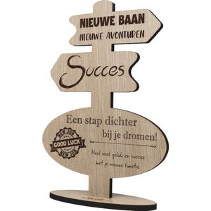 Wegwijzer nieuwe baan - houten wenskaart - kaart van hout - succes - gepersonaliseerd - 17,5 x 25 cm