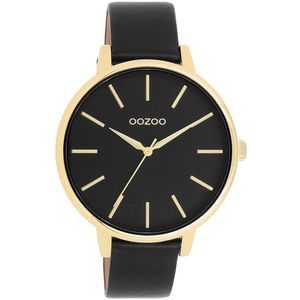 OOZOO Timepieces - Goudkleurige OOZOO horloge met zwarte leren band - C11294