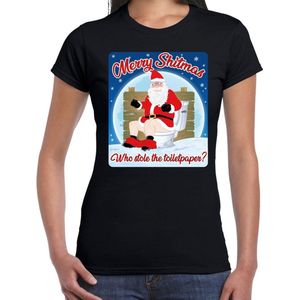 Fout Kerstshirt / t-shirt  - Merry shitmas who stole the toiletpaper - zwart voor dames - kerstkleding / kerst outfit S