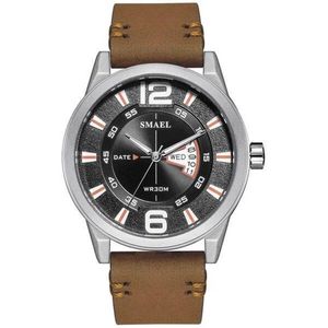 Casual-style Heren Horloge (46mm diameter) Zilverkleurige stalen kast met Bruin leder band | SMAEL 9106A33| Waterdicht |Analoog | Shock bestendig| Leger | Leder Band | Dag | Datum | Master