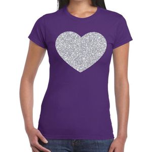 Toppers Zilveren hart glitter t-shirt paars dames - dames shirt hart van zilver L