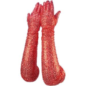 BamBella® - Handschoenen feest Lang Rood Glitter - dames - One Size