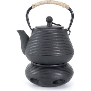 Gietijzeren theepot met warmhouder, 1000 ml theeketel, veilig voor het fornuis, met theezeef voor losse bladeren, Japanse theepot met geëmailleerde binnenkant, zwart